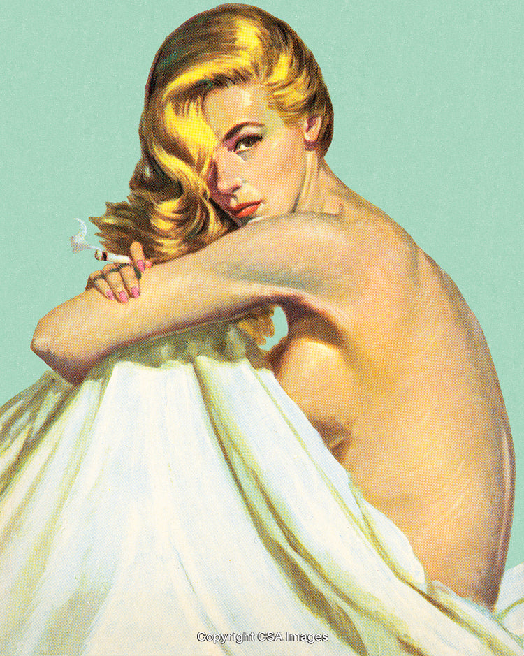 Elegant Blonde Woman Relaxing With Draped Fabric in Soft Artistic Style