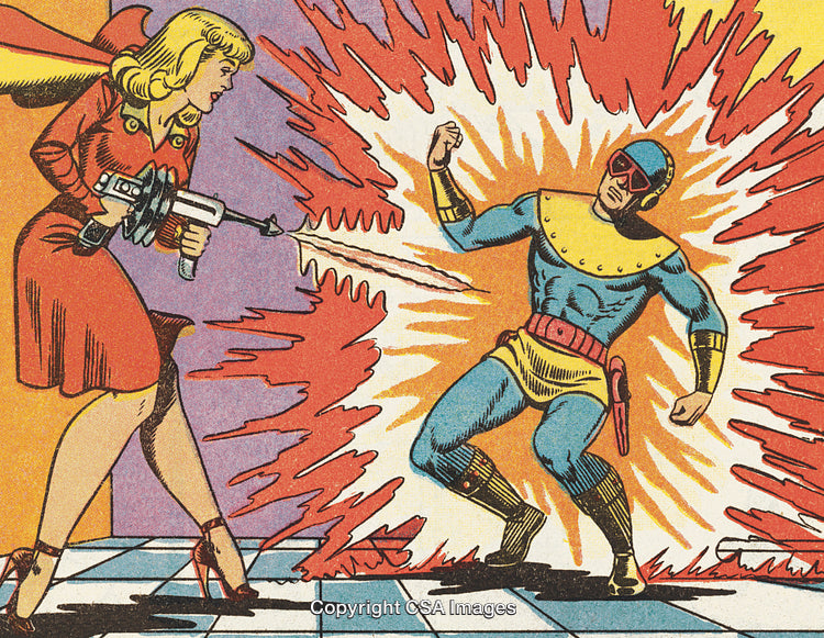 Retro Comic Style Scene Featuring Heroes and a Laser Battle