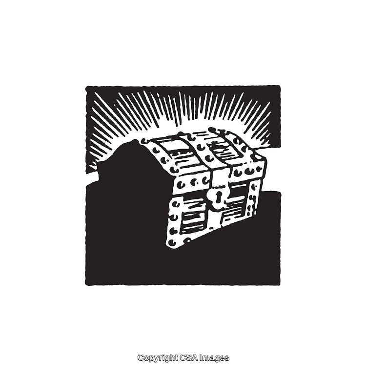 Vintage Black and White Illustration of a Treasure Chest with Radiating Light