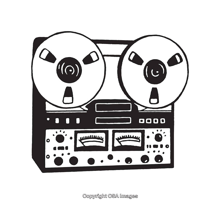 Black and White Line Art of a Vintage Reel-to-Reel Tape Recorder