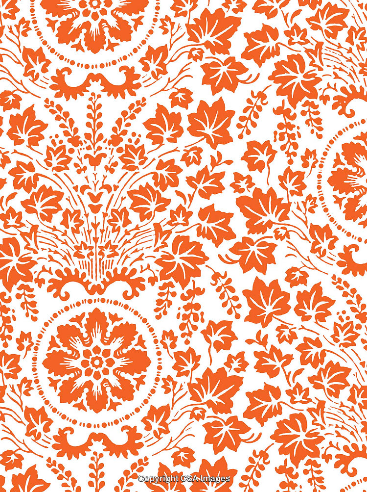Vibrant Orange Floral Pattern With Decorative Botanical Embellishments on White Background