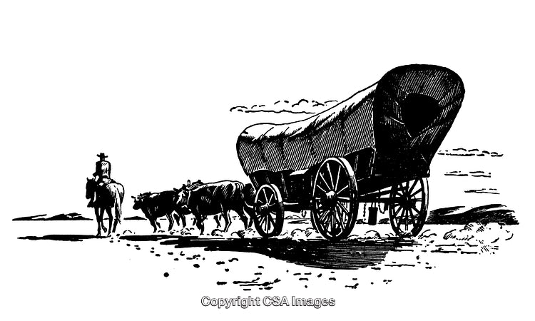Vintage Illustration of a Covered Wagon with Oxen and Horseman on a Journey