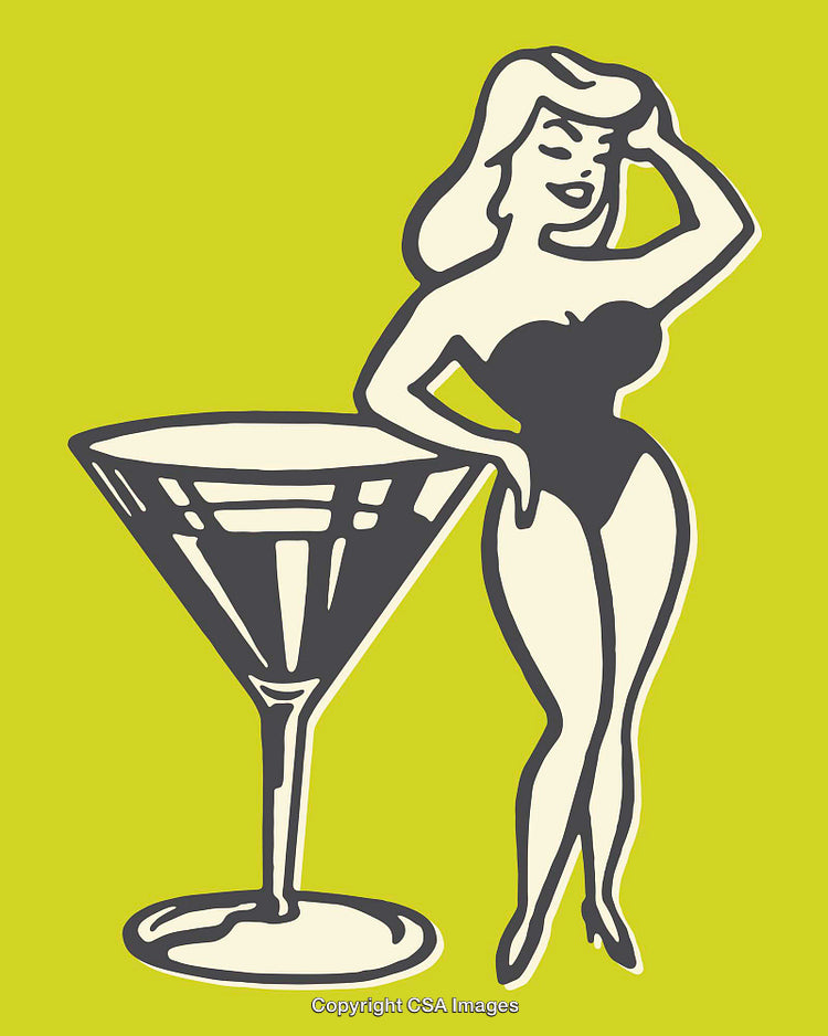 Retro Style Illustration of Woman Posed with Oversized Martini Glass