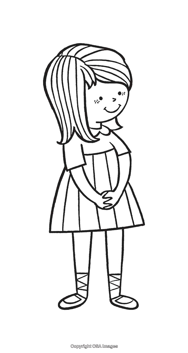 Black and White Line Art of a Smiling Young Girl in a Dress