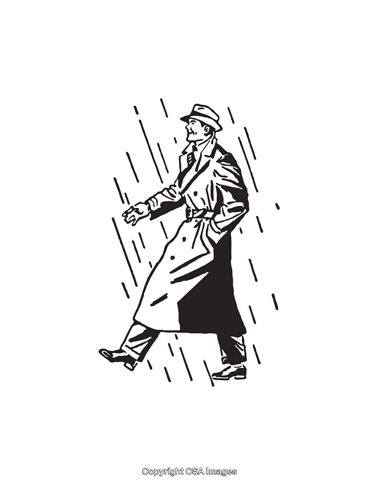 Vintage Line Art of a Man Walking in the Rain