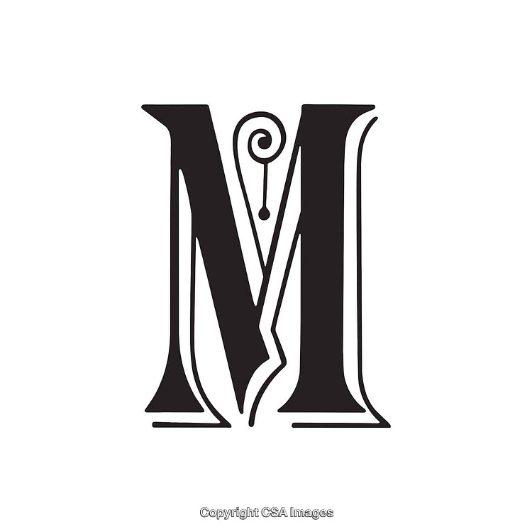 Intricate Black Letter M with Decorative Flourishes on White Background