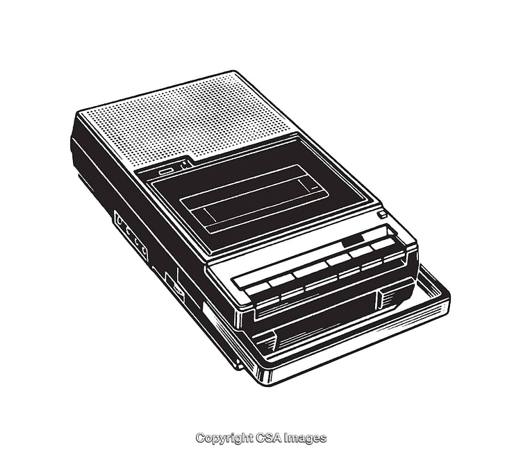 Black and White Line Art of a Retro Cassette Player