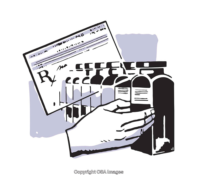 Prescription Illustration Depicting Medication Bottles and an Rx Slip in Retro Style