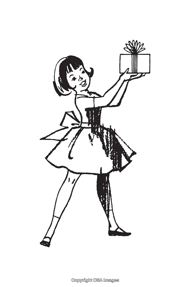 Black and White Illustration of Girl Offering a Gift with Joyful Expression