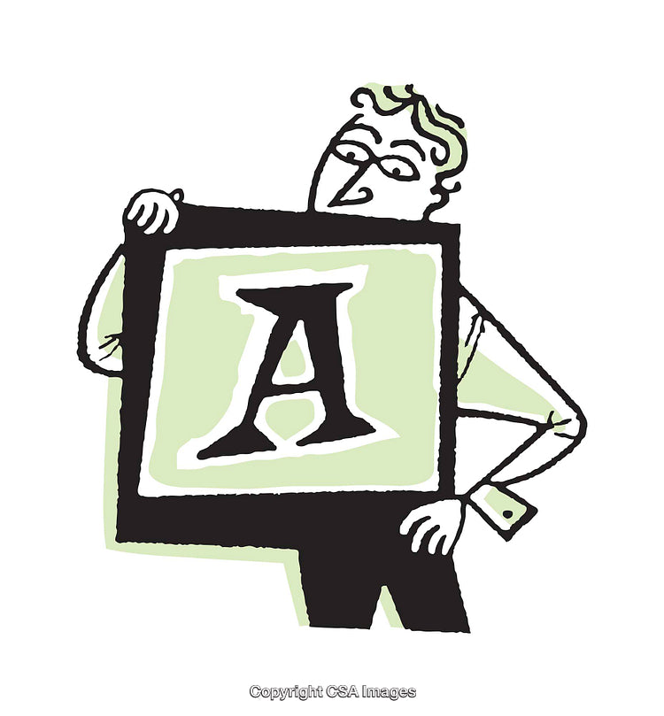 Whimsical Illustration of Person Holding Frame Displaying Letter A on Green Background