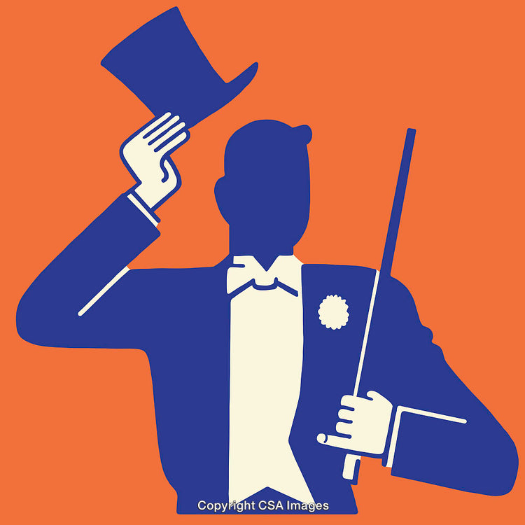 Elegant Gentleman Tipping Hat With Cane on Orange Background
