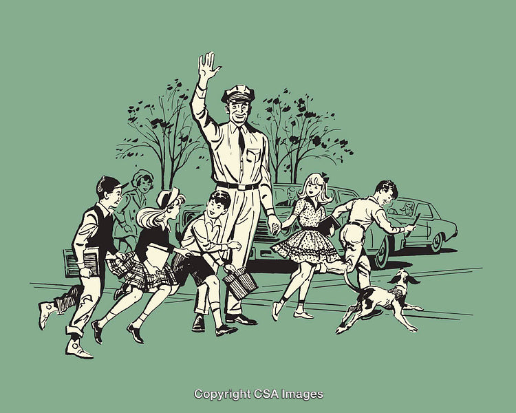 Retro Scene of a Crossing Guard Assisting Children on a Busy Street