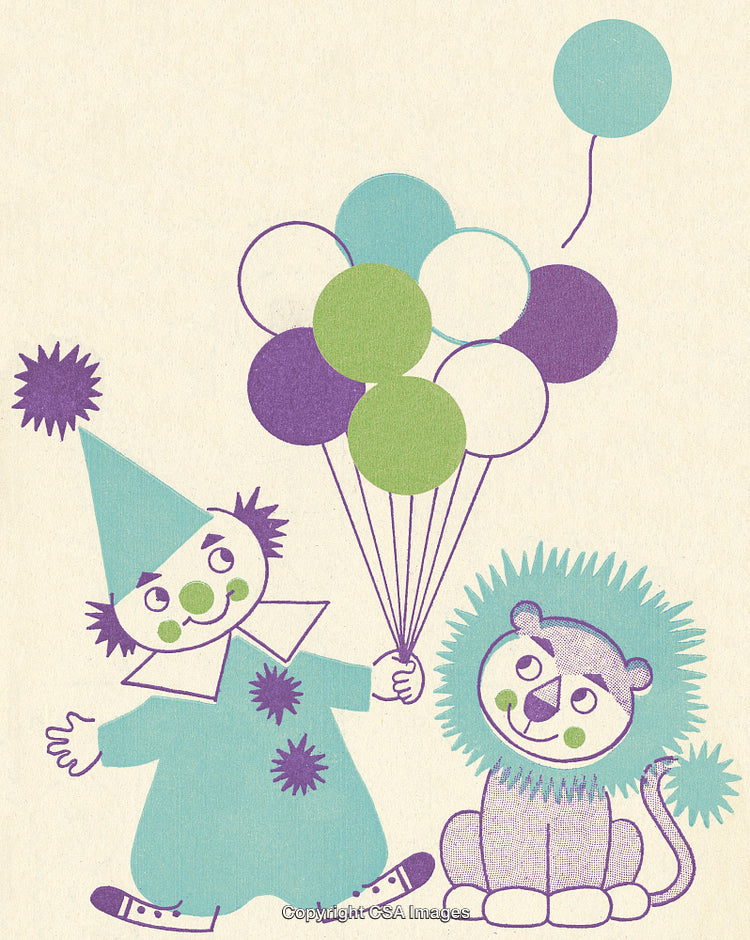 Retro Illustration of Clown with Balloons and a Cheerful Lion Companion