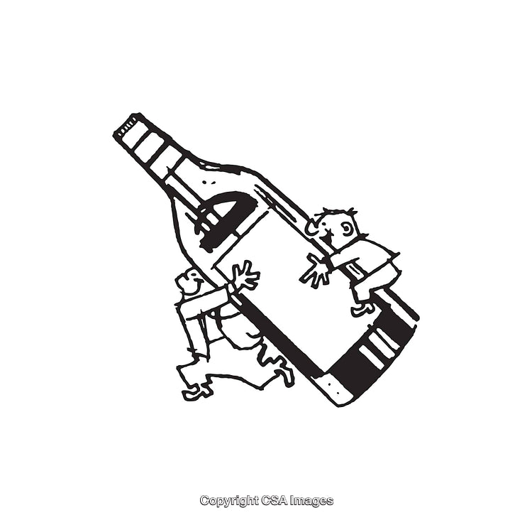 Humorous Black And White Illustration of People Carrying a Giant Bottle