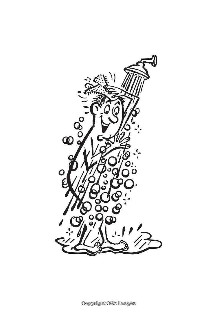 Black and White Illustration of a Person Enjoying a Shower with Soap Bubbles