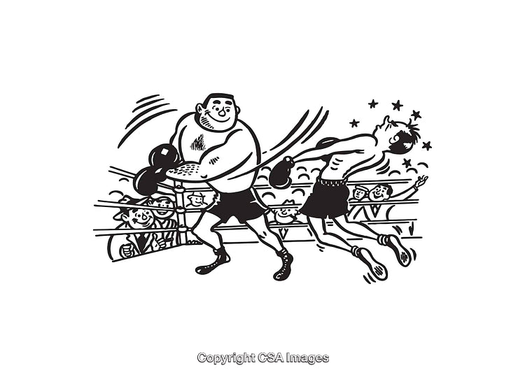 Black and White Line Art Illustration of a Boxing Match in Action