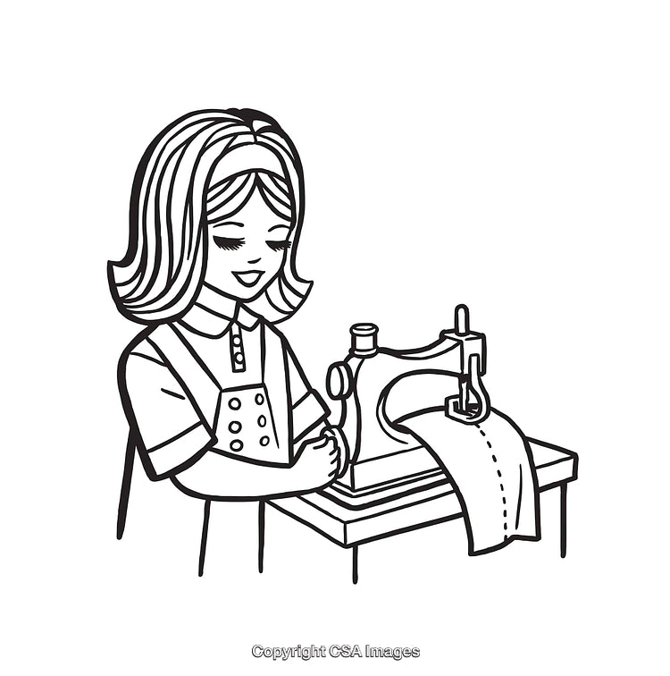 Illustration of a Girl Sewing on a Sewing Machine in Black and White