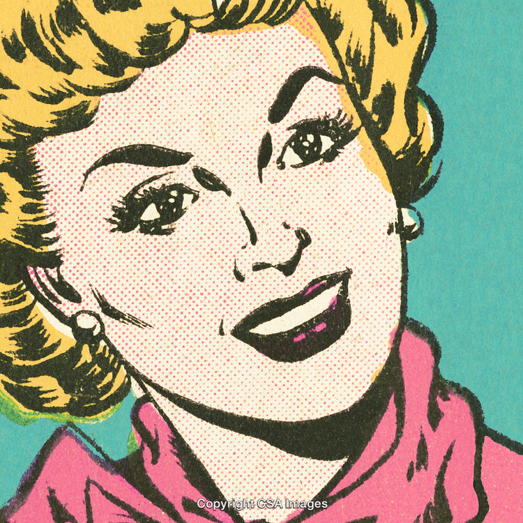Pop Art Illustration of a Vintage Smiling Woman in Vibrant Colors