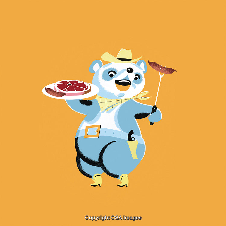 Cartoon Panda Cowboy Grilling Meat and Enjoying a Barbecue Cookout
