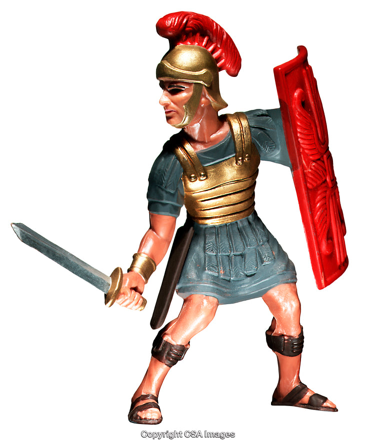 Detailed Roman Soldier Toy in Combat Position with Sword and Shield