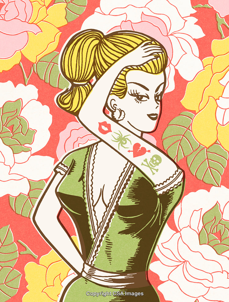 Vintage Pop Art Illustration of Stylish Woman with Tattoos and Flowers
