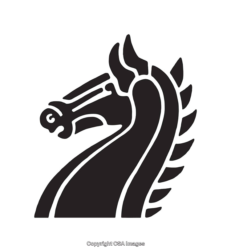 Black and White Viking Ship Dragon Head Line Art Illustration