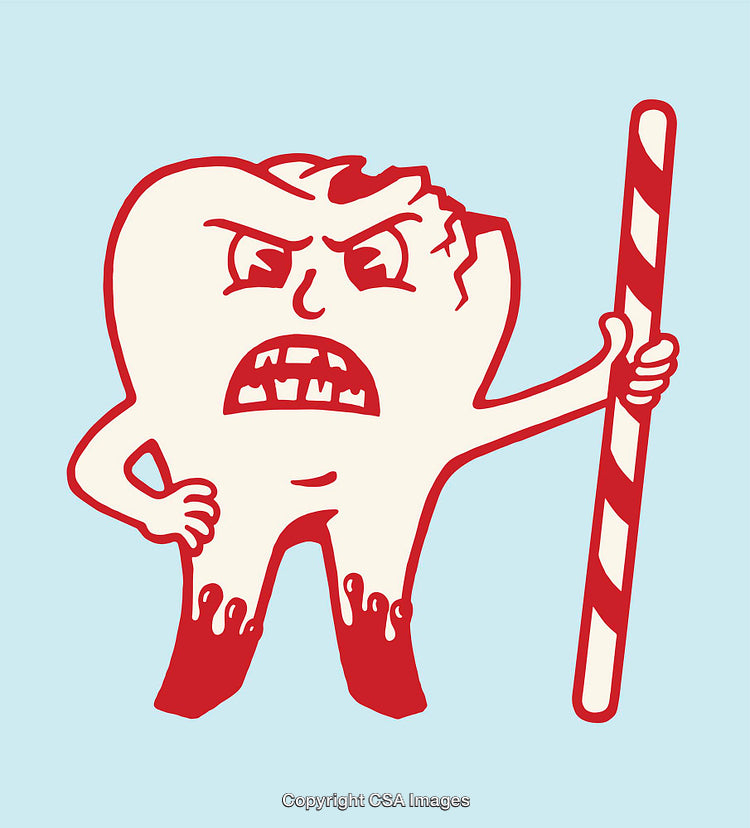 Angry Cartoon Tooth Holding Candy Cane on Light Blue Background
