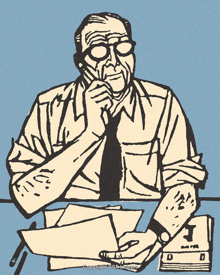 Retro Illustration of a Man Pondering Over Documents in an Office Setting