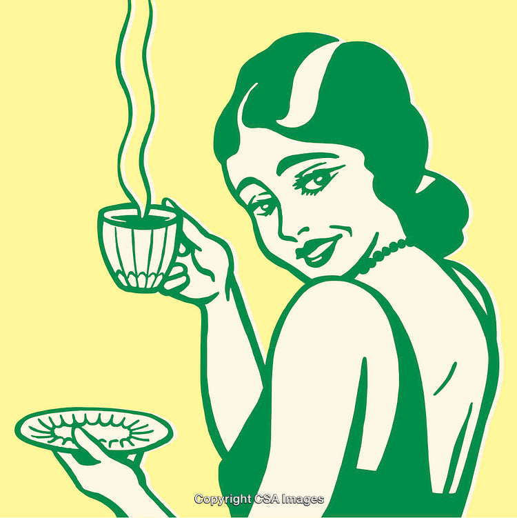 Elegant Woman Enjoying a Hot Drink in Retro Line Art Style