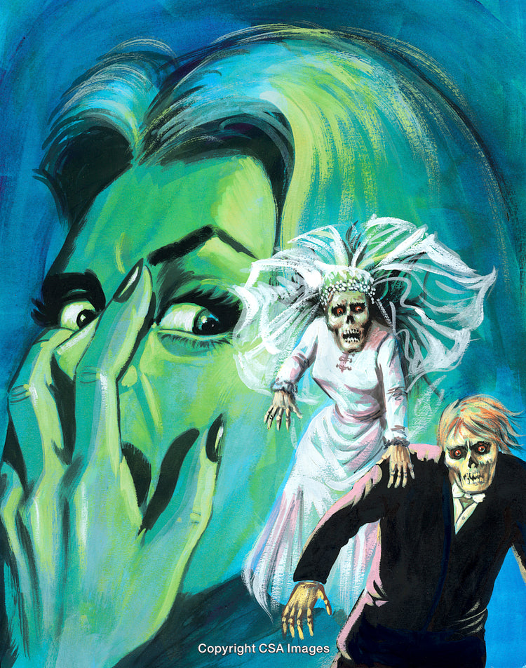 Creepy Illustration of Zombie Bride and Groom with Frightened Woman in Teal Tones