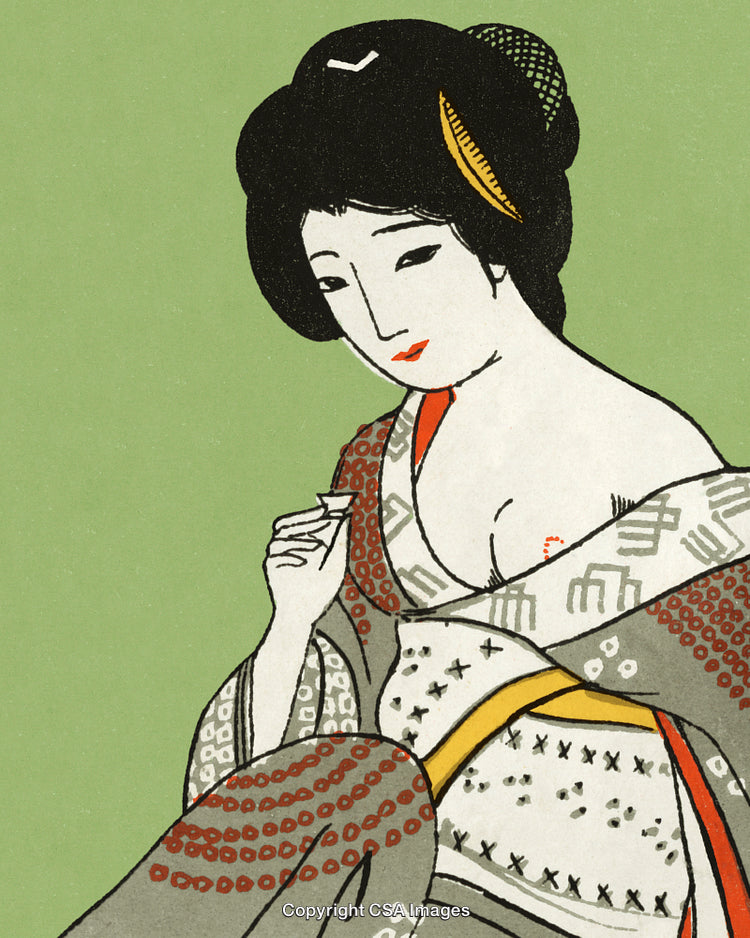 Traditional Japanese Art Depiction of Woman in Kimono with Graceful Pose