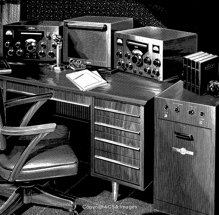 Vintage Engraving of a Retro Radio Equipment Work Desk Setup
