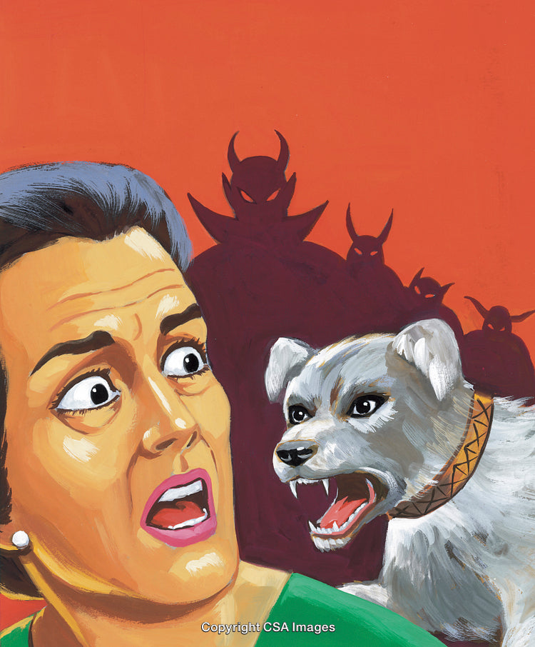 Shocked Woman Reacting to Aggressive Dog Amid Dramatic Background