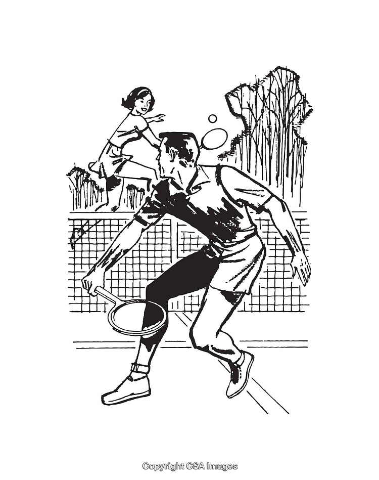 Vintage Black and White Tennis Match Line Art Illustration