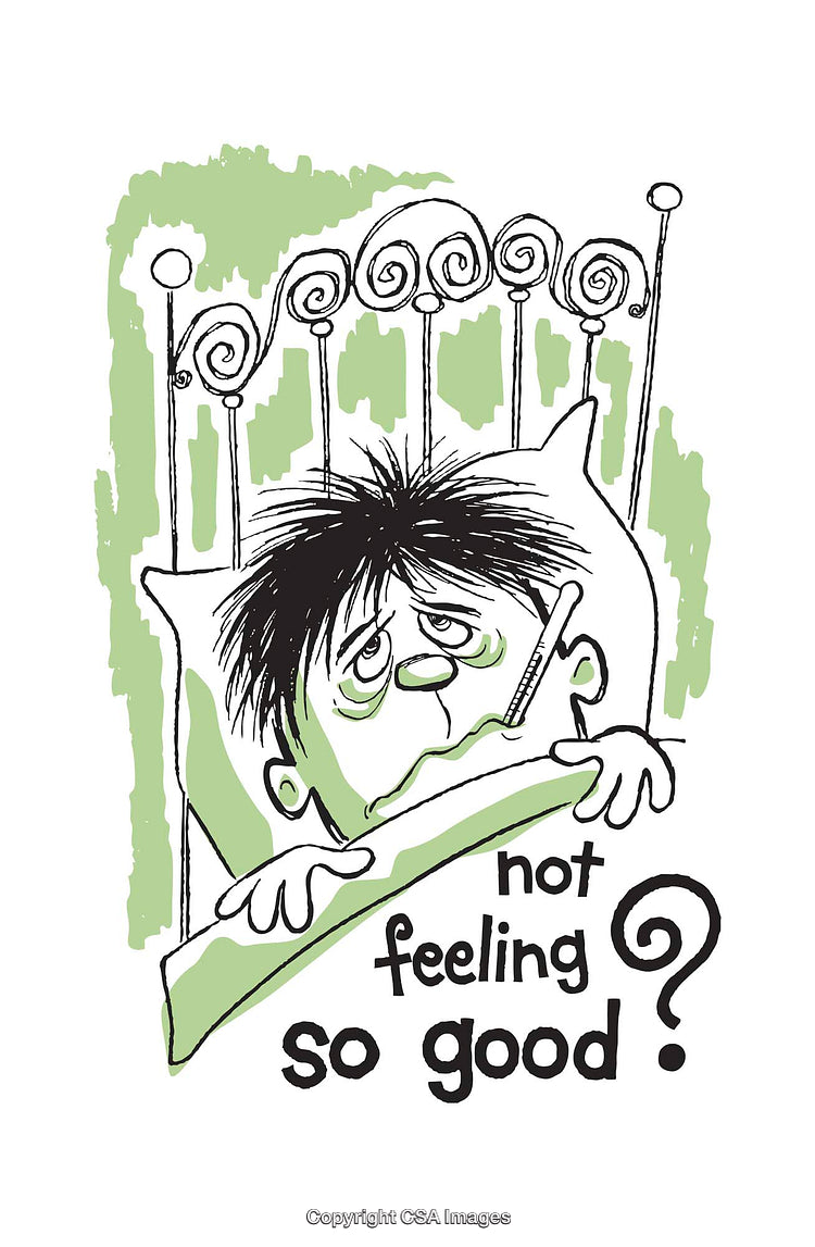 Illustration of a Sick Individual Resting in Bed with a Thermometer