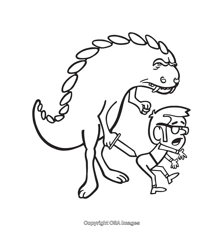 Cartoon Line Illustration of a Dinosaur and Man in a Humorous Scene