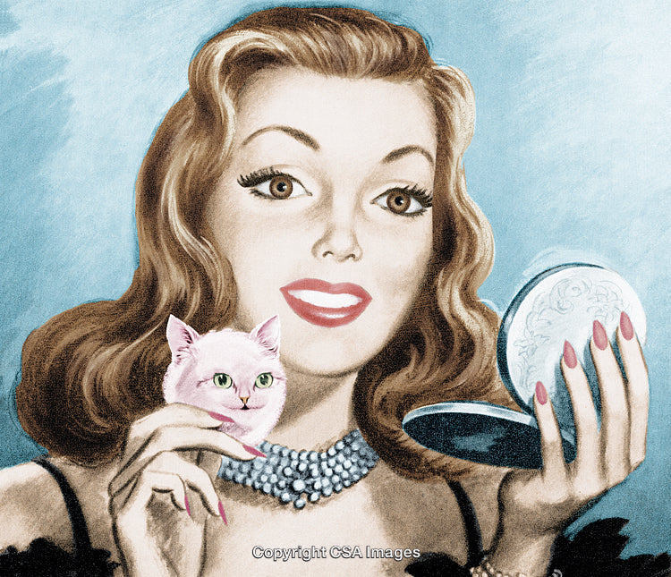 Vintage Styled Portrait Featuring a Glamorous Woman and a Unique Cat Image