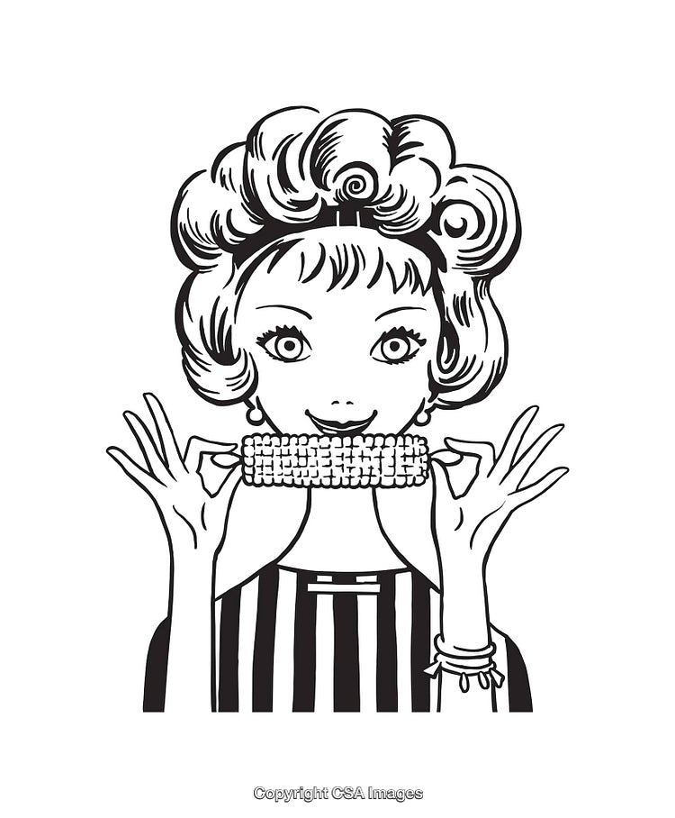 Retro Black and White Illustration of a Woman With Corn
