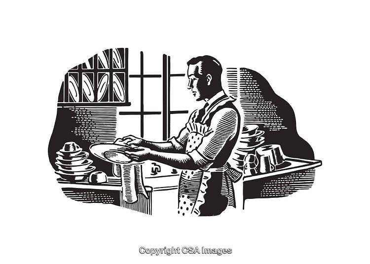 Vintage Black and White Illustration of a Man Washing Dishes in Kitchen