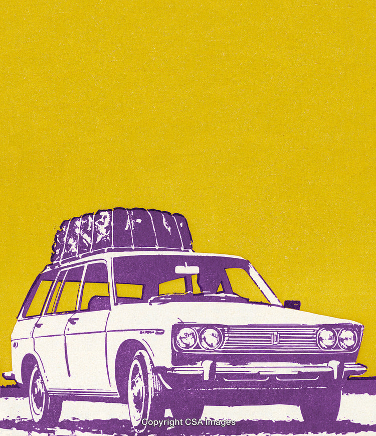 Retro Illustration of a Car with Luggage on Yellow Background