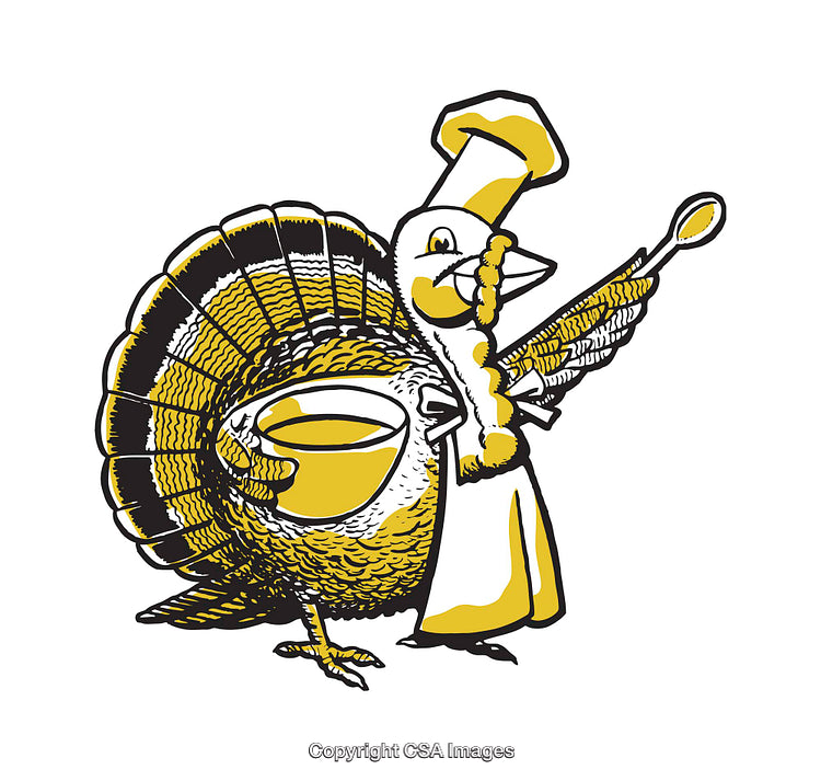 Illustration of a Culinary Turkey Chef Holding Utensils in Black and Yellow