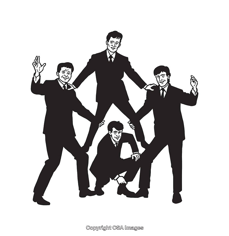 Black and White Line Art of Group of Men in a Pyramid Formation