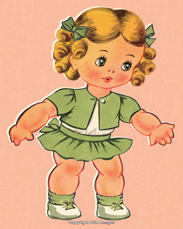 Vintage Illustration of a Cute Doll in Green Outfit on Pink Background