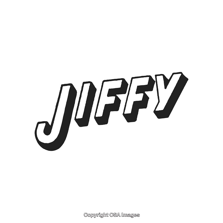 Black and White Vintage Stylized Jiffy Logo on White Background