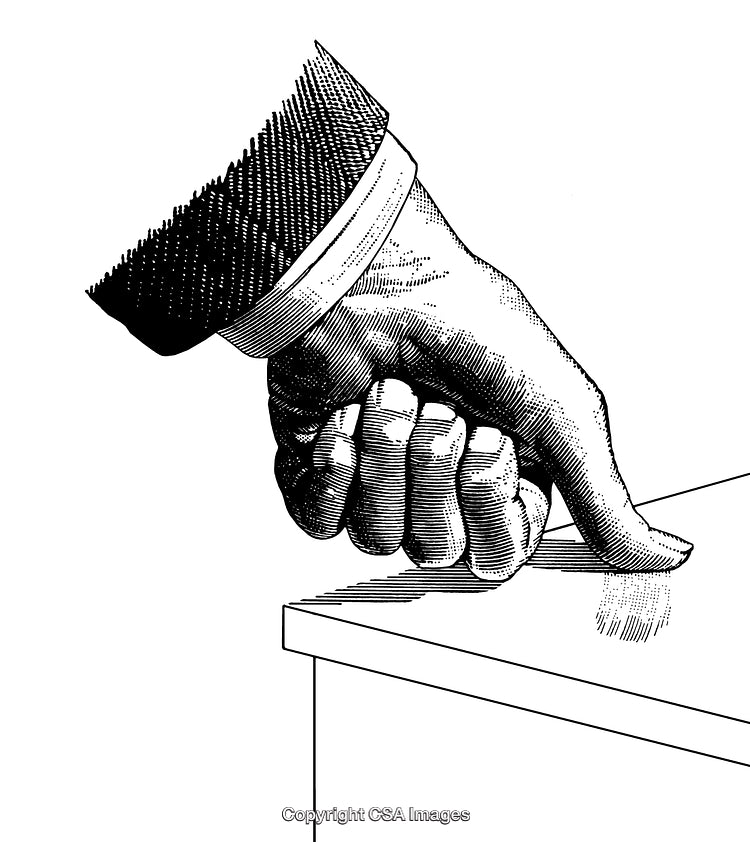Black and White Engraving of a Hand Leaving a Fingerprint on a Surface
