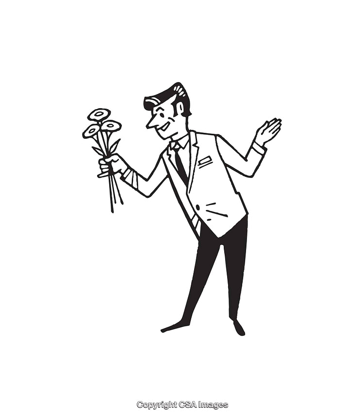 Retro Line Art of a Man Holding Flowers in Black and White