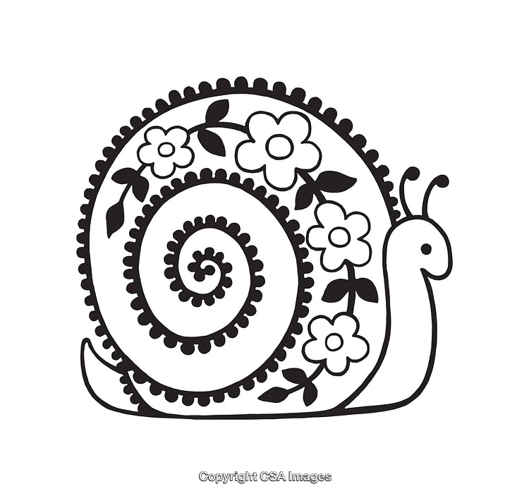 Decorative Black and White Floral Snail Line Art Illustration