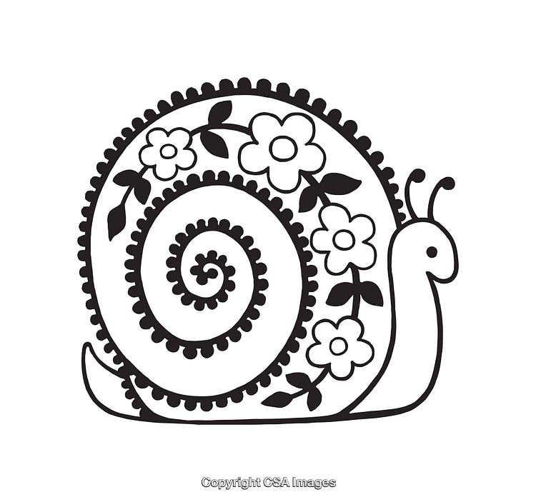 Decorative Black and White Floral Snail Line Art Illustration