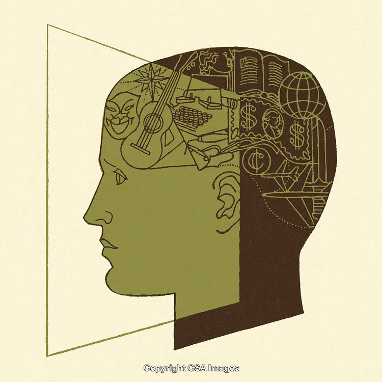 Illustration of a Human Head with Symbolic Representations Inside