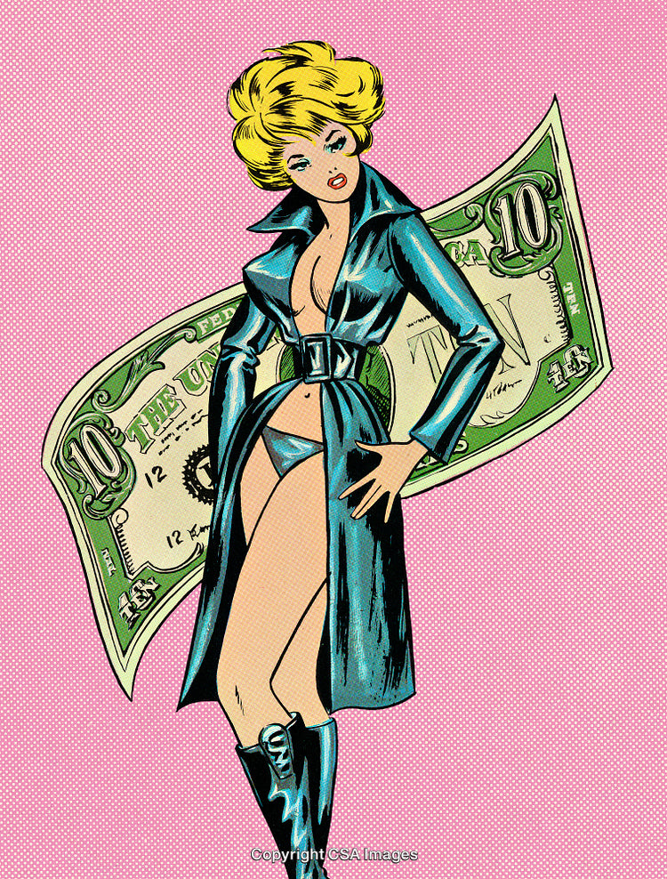 Retro Pop Art Style Woman with Money Illustration on Pink Background